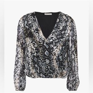Alice and Olivia Black and Brown Snake Print V-Neck Blouse with velevet